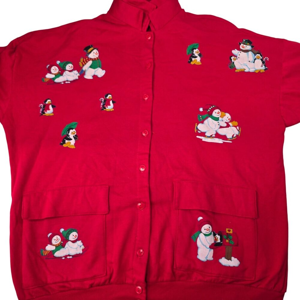 Vintage DiCarlo Red Button-Up Christmas Cardigan W/ Snowman Print